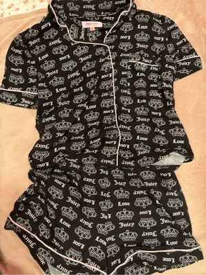Juicy Couture Black and White Crown Logo Pajama Set with Pink Piping thumbnail 1