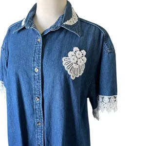 VTG 90s Y2K Blue Denim Short Sleeve Button Down Shirt L Crochet Eyelet Lace Trim thumbnail 4