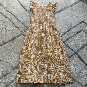 THML midi dress brown white line print ruffle sleeve smocked medium thumbnail 4