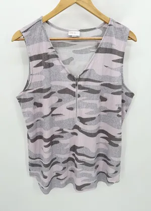 Lularoe Women Pink Purple Grey Camo V-Neck Front Zip Tank Top Large‎ BD28 thumbnail 1