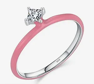 Pink Ceramic‎ Ring w/ Diamond Simulate |925 Sterling Silver thumbnail 1