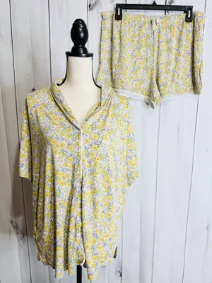 Ann Taylor Loft Sleep Pajama Top & Shorts Set Yellow Floral Sz XL Button Down thumbnail 1