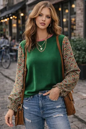 NWOT - THML Boho Green Blouse Pattern Sleeve Urban Boho Top thumbnail 1