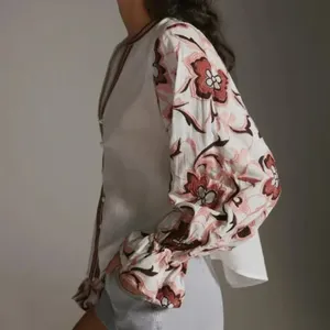 Anthropologie Simona Top‎ Womens XS White Pink Embroidered Floral Puffy Sleeve thumbnail 2