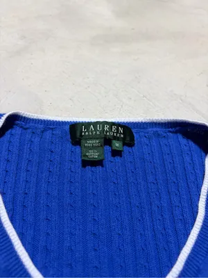 Lauren Ralph Lauren vintage Blue V-Neck Cable Knit Sweater medium cotton thumbnail 2