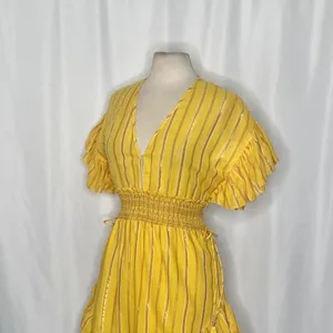 SAYLOR Yellow Metallic Striped Dress Fluttery Smocked Mini Gold Party Medium thumbnail 6