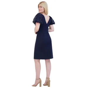 NWT Eliza J Sequined Puff-Sleeve Boat-Neck Sheath Dress EJ4M3056 Navy Blue 2 thumbnail 2