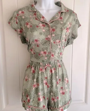 Balletcore Floral Green & Pink Satin Bow Pajama Set by Cynthia Rowley Sz Medium thumbnail 1