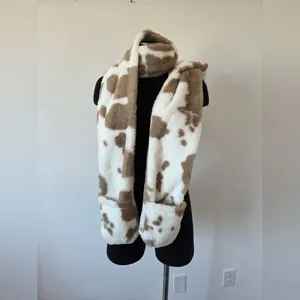 Ultra Soft Cow Print Hat Scarf Mitten Attached Furry Hood Ears Puppy Snow Bunny thumbnail 2