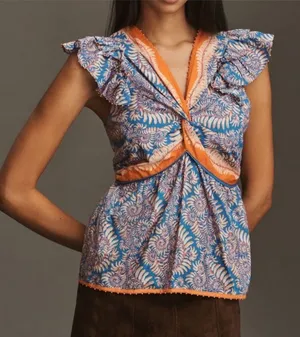 NWT Farm Rio Flutter-Sleeve V-Neck Top beaded with tropical‎ print large thumbnail 1