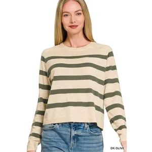 Zenana Lightweight Wool Blend Striped Round‎ Neck Sweater - Medium thumbnail 2