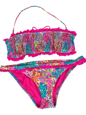 Y2K Victorias Secret Bikini Set Pink Floral Ruched Smocked Ruffled thumbnail 1