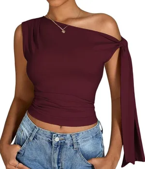 One-Shoulder Burgundy Top- One Off The Shoulder Ruched Tank Tops with tie thumbnail 1