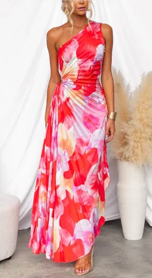 One Shoulder Sleeveless Print Asymmetric Maxi Pleated Dress thumbnail 1