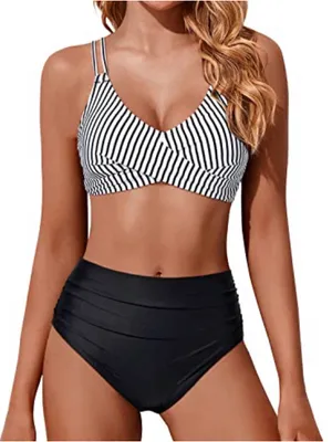 Striped V-Neck Bikini Top with High-Waist Black Bottom - White/Black thumbnail 1