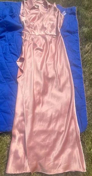Xscape Women's Pink Satin Collared Wrap Front Maxi Dress Size 16 thumbnail 2