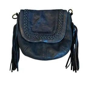 Lucky Brand Vintage Fossil Blue Leather Mini Bag Tassle Fringe Trim Y2K Boho Hippie Indie thumbnail 1