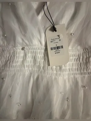 Francesca's Collections White Tulle Mini Dress with Bow and Pearls thumbnail 6