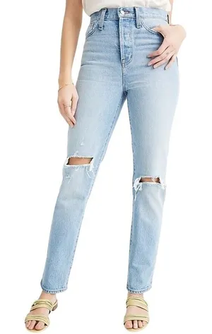 Madewell Classic Straight Jeans Size 25 Blue Distressed High Rise Rigid Denim thumbnail 1