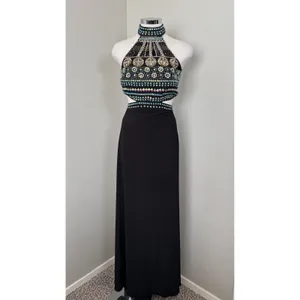 Crystal Doll Black Halter Neck Cutout Beaded Maxi Dress‎ Size 9 Prom Formal thumbnail 6