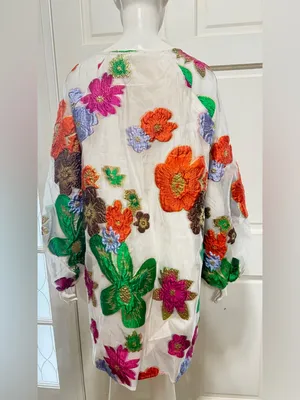 En Crème Floral Organza Bubble Sleeve Mini Dress long sleeve womens Sz Medium thumbnail 5