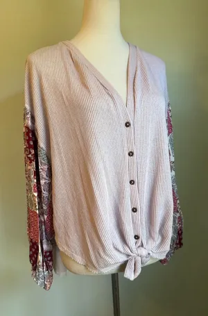 Blu Pepper Whimsigoth Lavender Waffle Tie Front Paisley Patchwork Top Small boho colorful y thumbnail 1