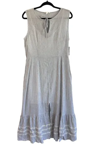 Caslon Striped Cotton Midi Dress Gray White Sleeveless Ruffle Summer M coastal thumbnail 4