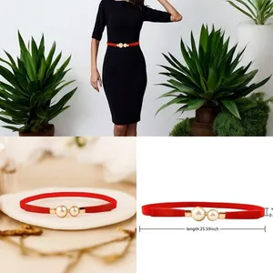 Red & gold pearl‎ belt Imitation Pearl Pair Buckle Thin Belt Monochrome Elastic thumbnail 2