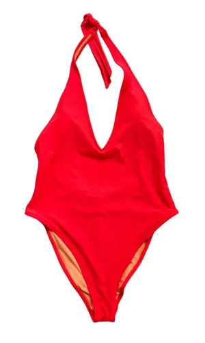 Aerie Women Coral Deep Plunge Halter One Piece Swimsuit High Cut Large thumbnail 1