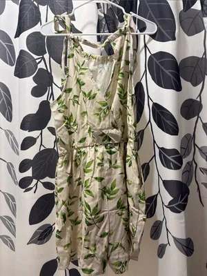 Gilli Cream Linen-Blend Leaf Print Tie-Strap Romper thumbnail 2