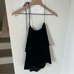 Alice + Olivia Marybeth Velvet Layer Halter Neck Tank Top in Black thumbnail 3