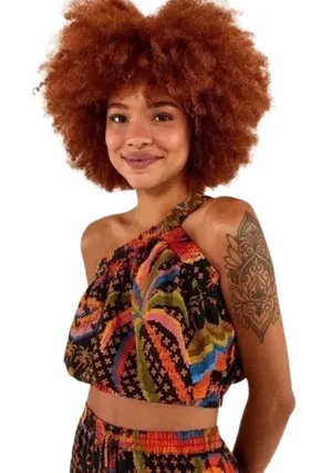 Farm Rio One Shoulder Linen Blend Macaw Island Crop Top Summer Resort Boho thumbnail 1
