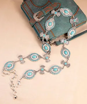 NEW Montana West Rustic Coutures Western Concho Metal Belts turquoise/horse hair thumbnail 1
