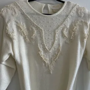 Belldini Women's Acrylic Beaded Sweater Dress - White Small thumbnail 4
