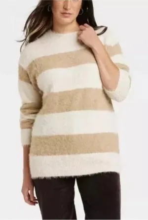 Universal Thread Womens Striped Sweater Tunic Oversized Beige & Cream Size XS thumbnail 1