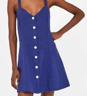 Zara Mini Dress Womens M Blue 100% Linen Button Front Sleeveless Sundress V Neck thumbnail 1