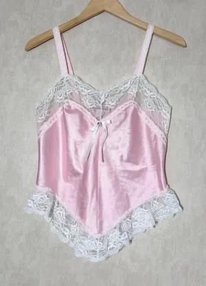 Berh Michaels Women’s Vintage Y2K Babydoll Lace Satin Top Sleeveless Pink S thumbnail 1