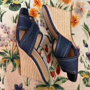 Veronica Beard Edna Denim Wedge Espadrille Sandals Size 8.5 Minimalist Preppy thumbnail 4