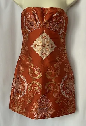 Free People Gorgeous Burnt Orange Brocade Strapless Mini Dress **Size 0** 🔥🔥 thumbnail 1