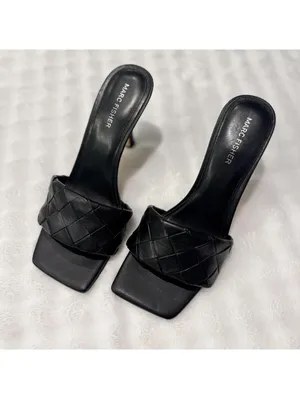 Marc Fisher Black Leather Mules | Square Toe Kitten Heels | Minimalist Chic thumbnail 2