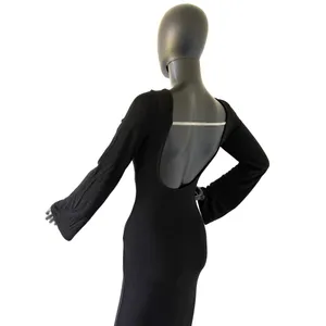 Backless Long Maxi Dress Open Back Ribbed Dress Long Flare Sleeve Slim Fit thumbnail 5