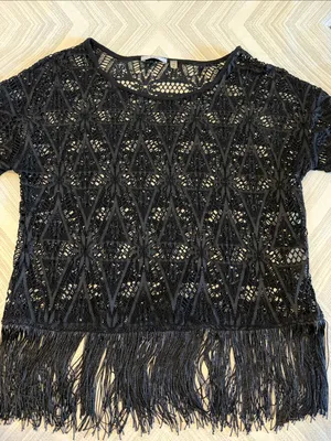 Drew Women’s Black Crochet Short Sleeve Top with Fringe Hem – Size Medium thumbnail 1