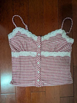 Kirious Red Gingham Lace Button Cami Top Size L Size L thumbnail 3