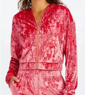 Fabletics Crushed Velour Zip up Hoodie Strawberry Red Top(Size Medium) thumbnail 1