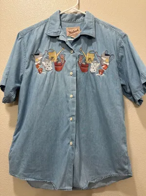 Woolrich Denim Shirt Womens Medium Embroidered Garden Teacher Artsy Vintage thumbnail 1