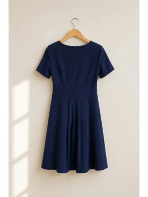 Ann Taylor Navy Ponte Knit Fit & Flare Dress SZ 4 | Short Sleeve Career Midi thumbnail 2