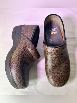 Dansko Brown Floral-Embossed Leather Clogs thumbnail 4