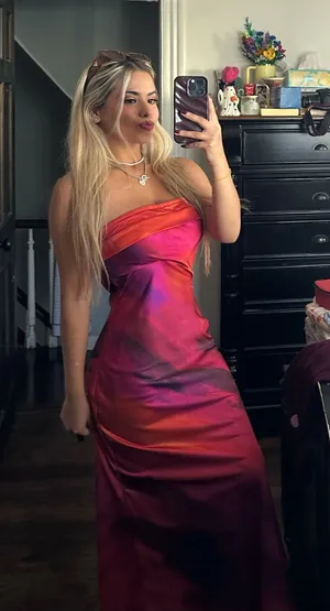 SheIn Strapless Satin Midi Dress in Pink, Orange, Purple thumbnail 1