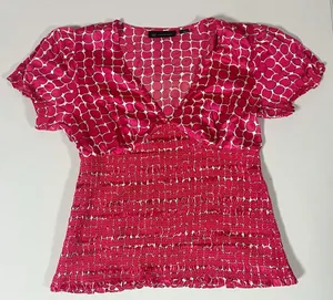 INC International Concepts Pink Circles Abstract Shirred 100% Silk Short Sleeve Shirt Top Blouse Size 6 🩷✨ thumbnail 2