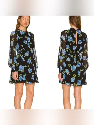 Free People Samantha Lace Up Mini Dress Black Floral Blue Combo Womens Large thumbnail 2